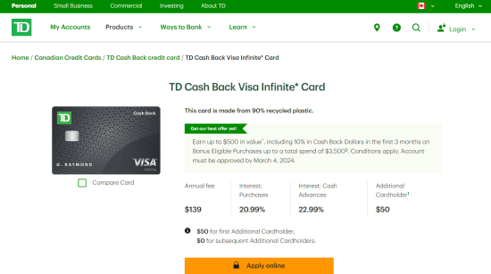 TD Cash Back Visa Infinite